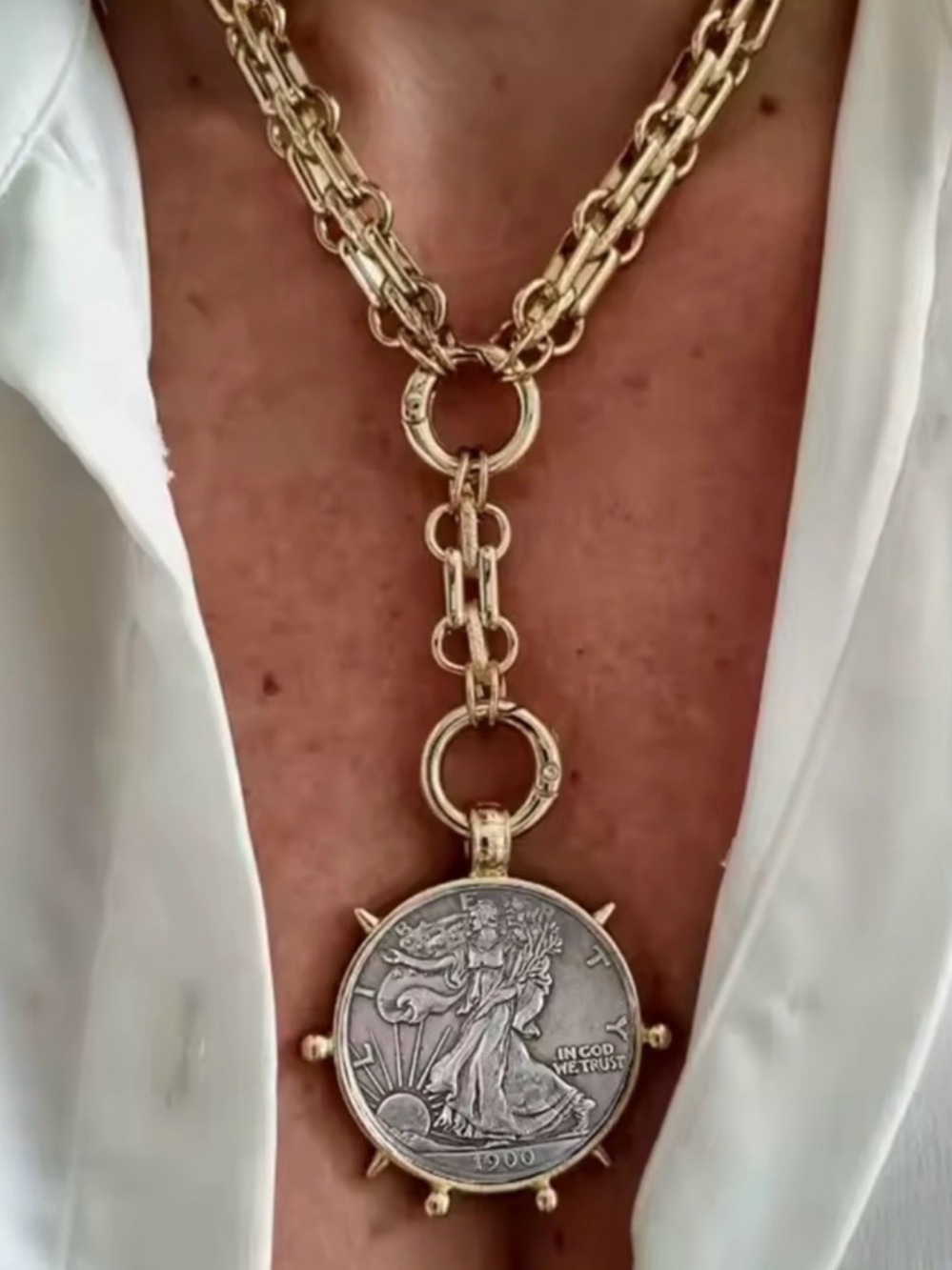 1900 Walking Liberty Coin Y-Lariat Necklace Chunky Gold Chain Vintage Statement - Picture 2 of 2
